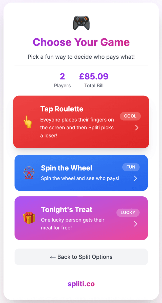 Choose your game - Spliti's gamified bill splitting experience